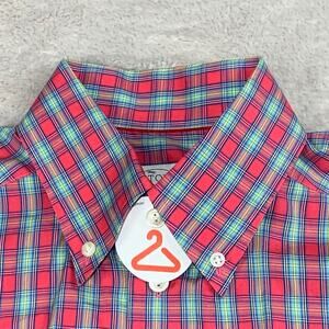 ETON Button Down Dress Shirt 15.5 / 39 Men Slim Salmon Coral Plaid Easter Spring